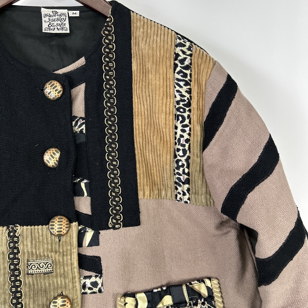 Parsley & Sage Womens Patchwork Jacket  Size M Canvas Button Safari Animal Print - Picture 5 of 16
